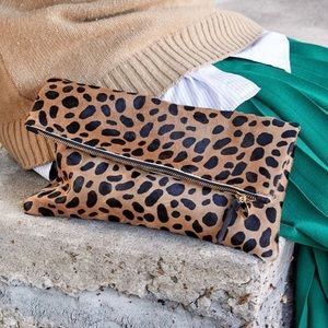 Clare V. Leopard Hair-On Foldover Clutch